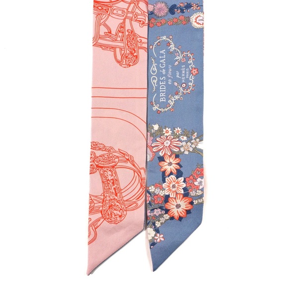 Hermes Silk Brides De Gala En Fleurs Twilly Blue Jean Rose Saumon - Picture 2 of 8